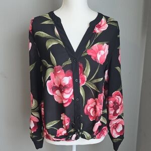 INC International Concepts Black Sheer Twist Fron Button Blouse Size Medium